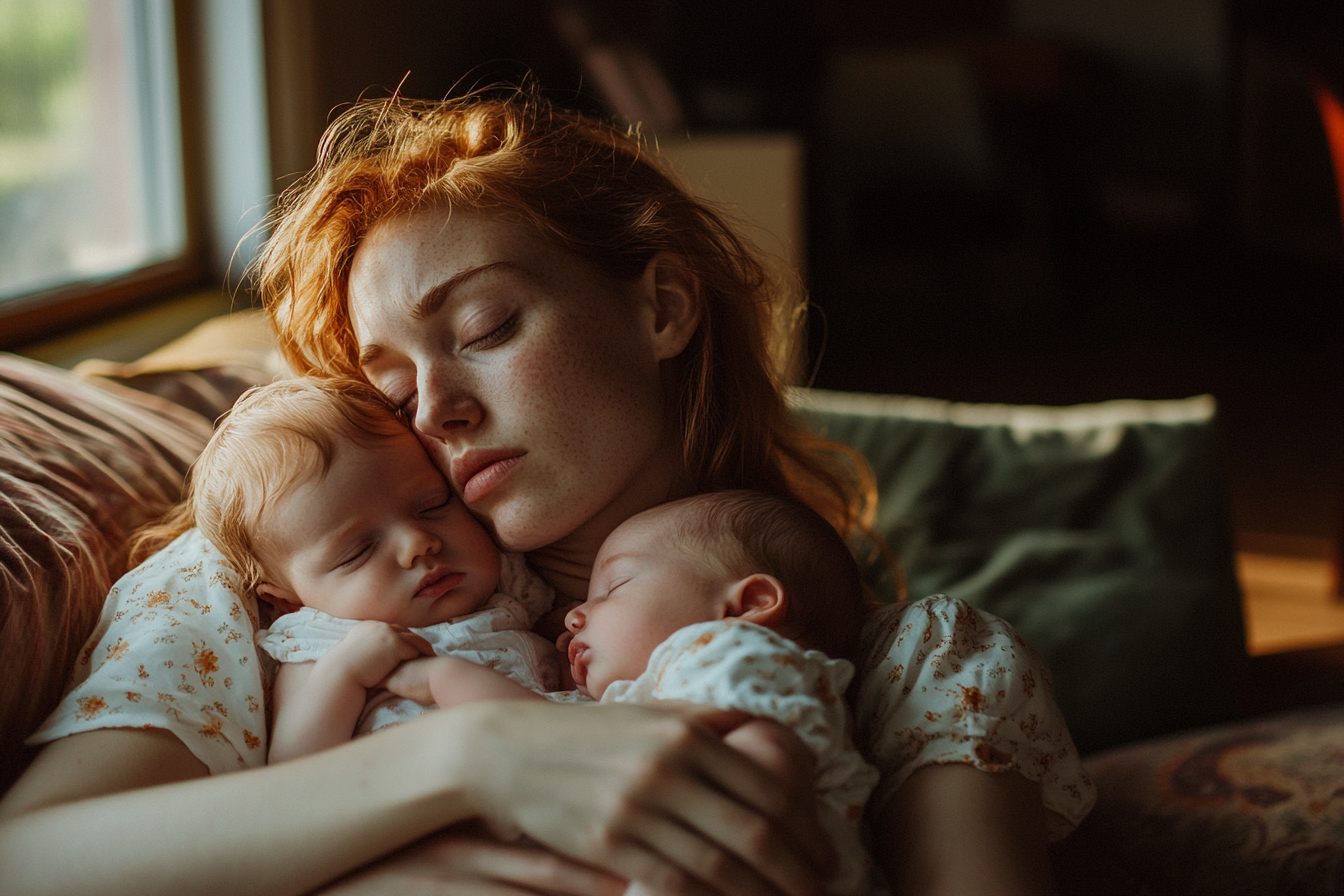 Une femme se repose sur un canapé, tenant ses filles jumelles dans ses bras | Source : Midjourney