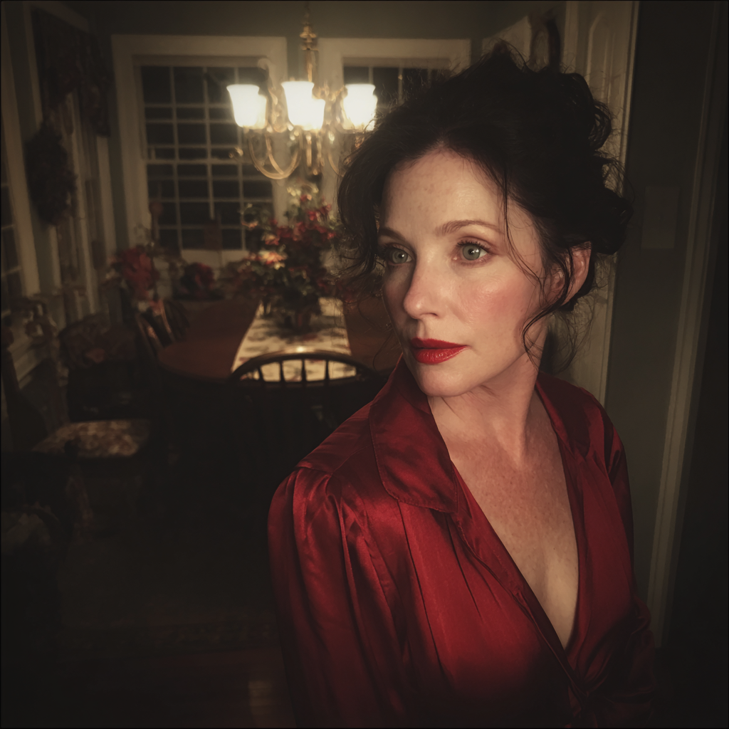 A pensive woman wearing a red silk dress | Source: Midjourney