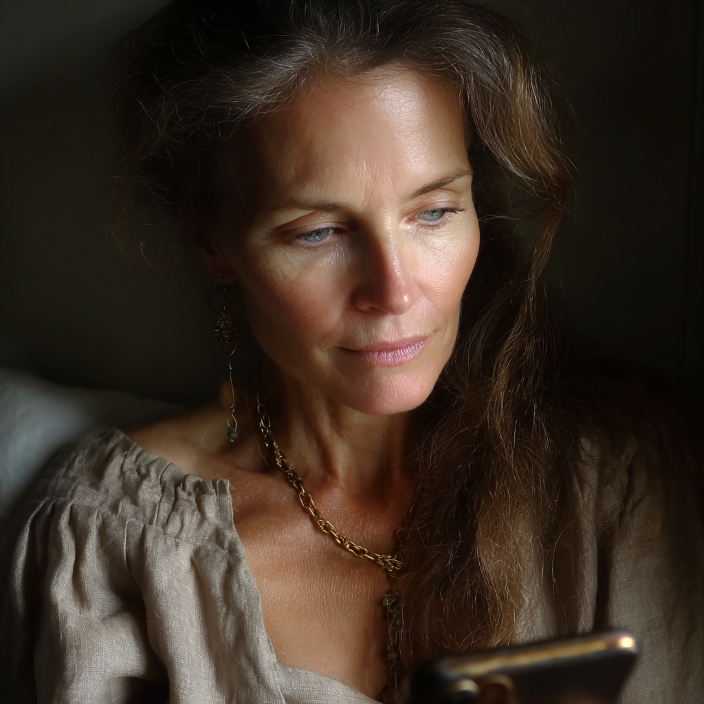 A woman using a cellphone and looking pensive | Source: Midjourney