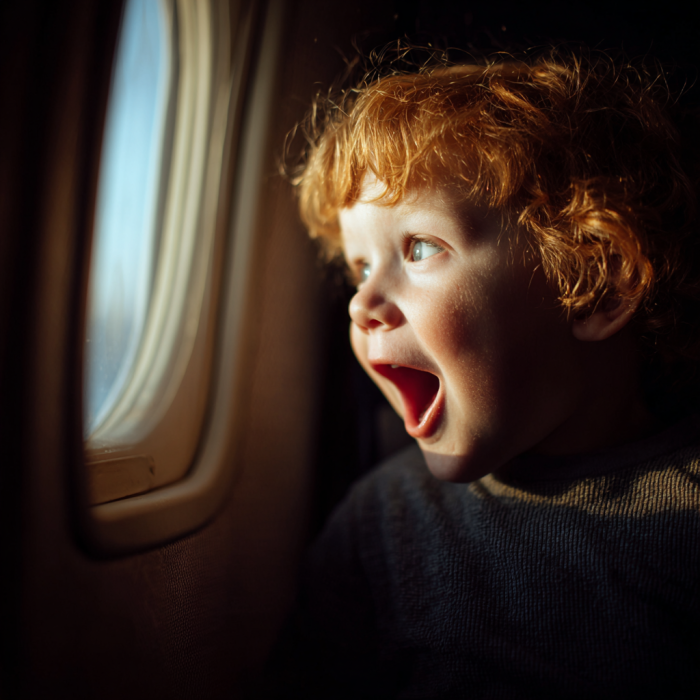 An excited young boy looking out the airplane window | Source: Midjourney