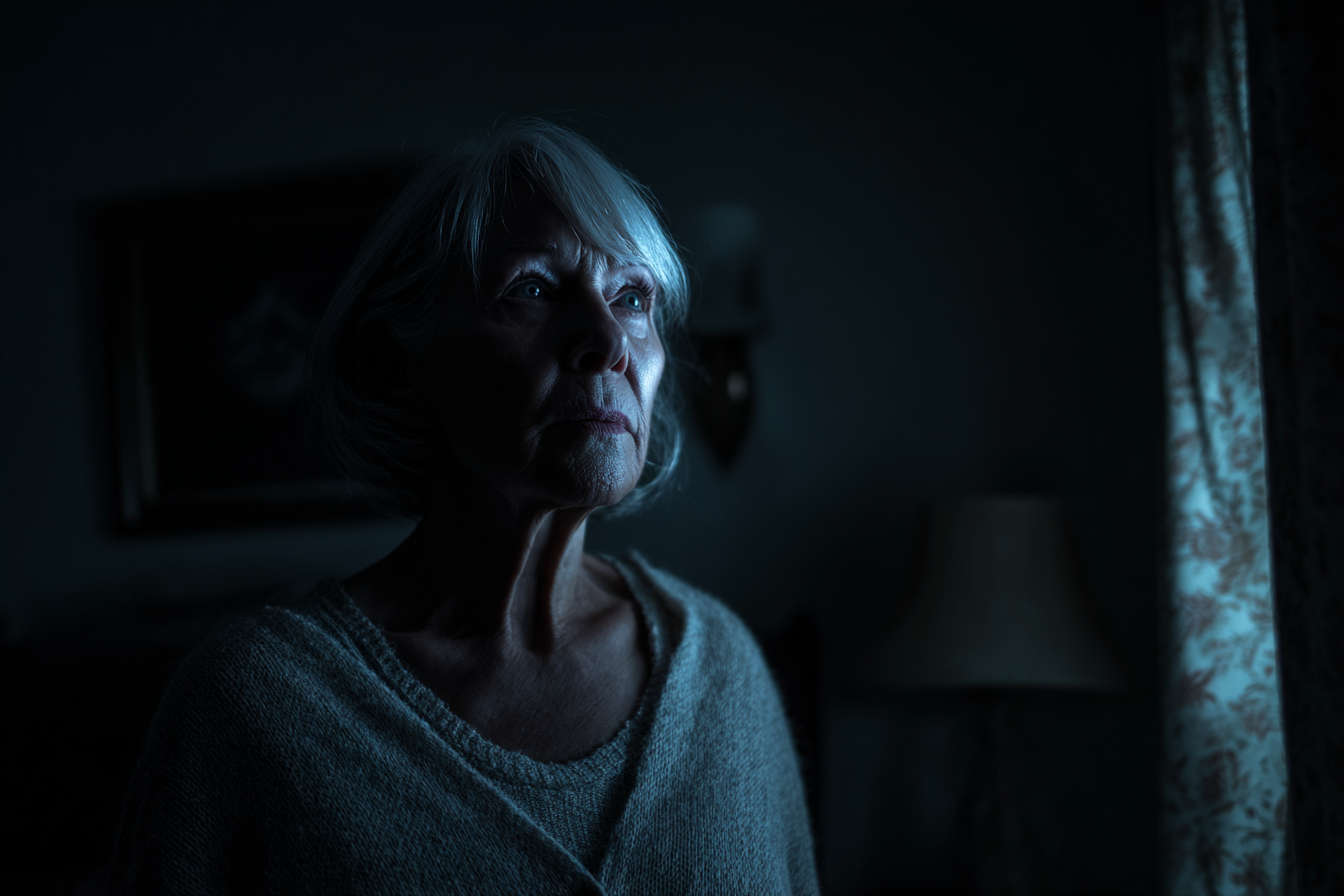 A woman standing in a living room at night | Source: Midjourney