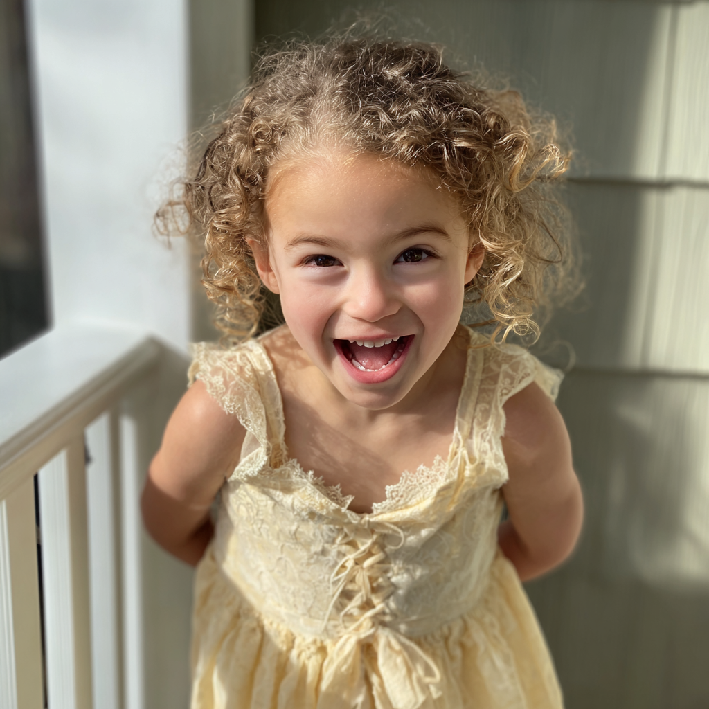 A smiling little girl standing on a porch | Source: Midjourney