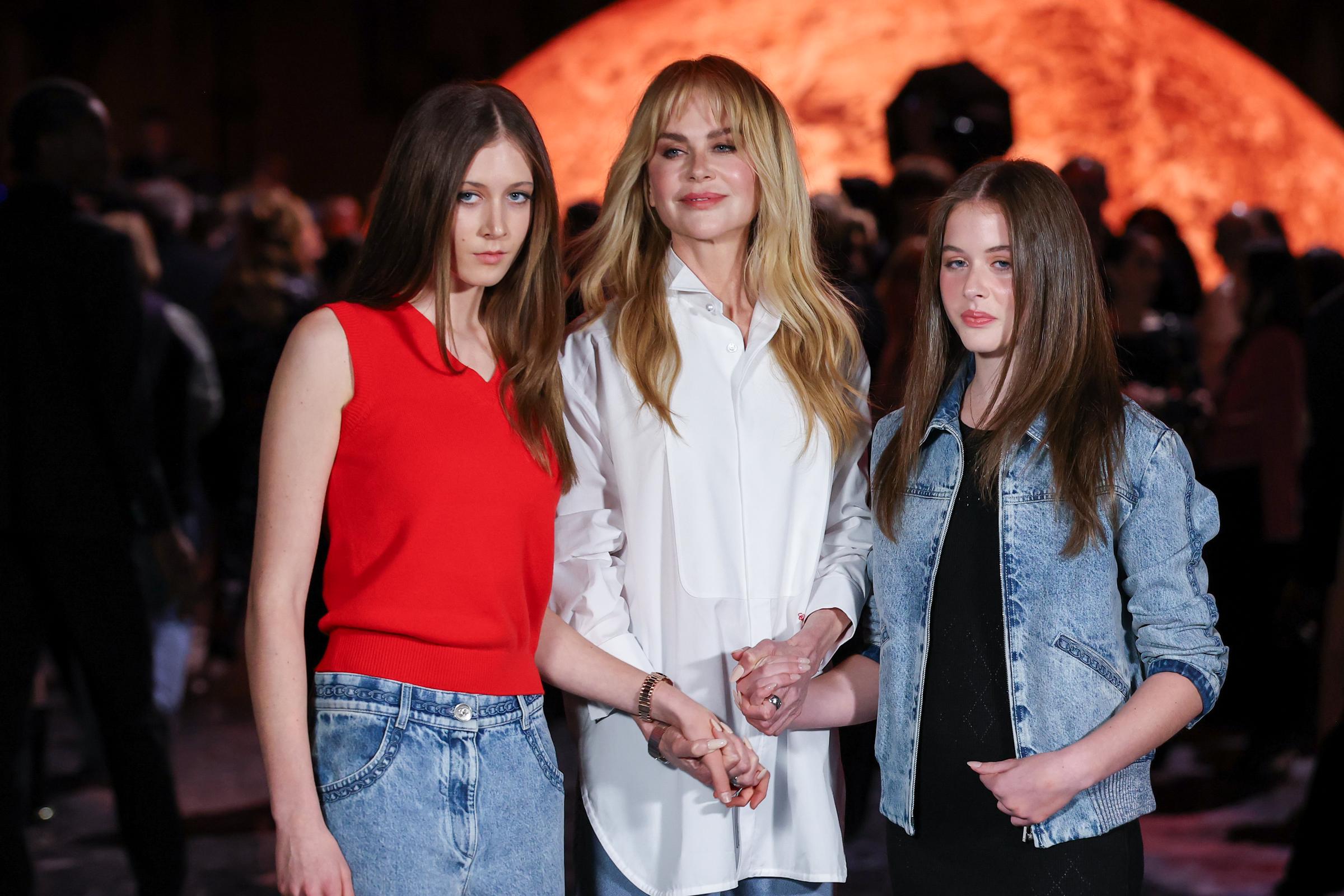 (L-R) Sunday Rose Kidman Urban, Nicole Kidman, and Faith Margaret Kidman-Urban attend the Chanel Womenswear Spring/Summer 2026 show as part of Paris Fashion Week on October 6, 2025, in Paris, France. | Source: Getty Images