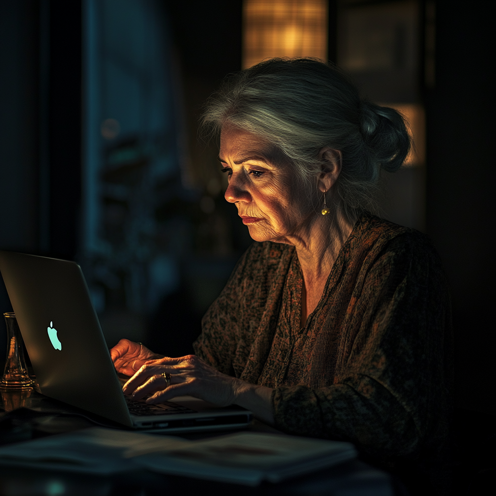 A woman working on her laptop at night | Source: Midjourney