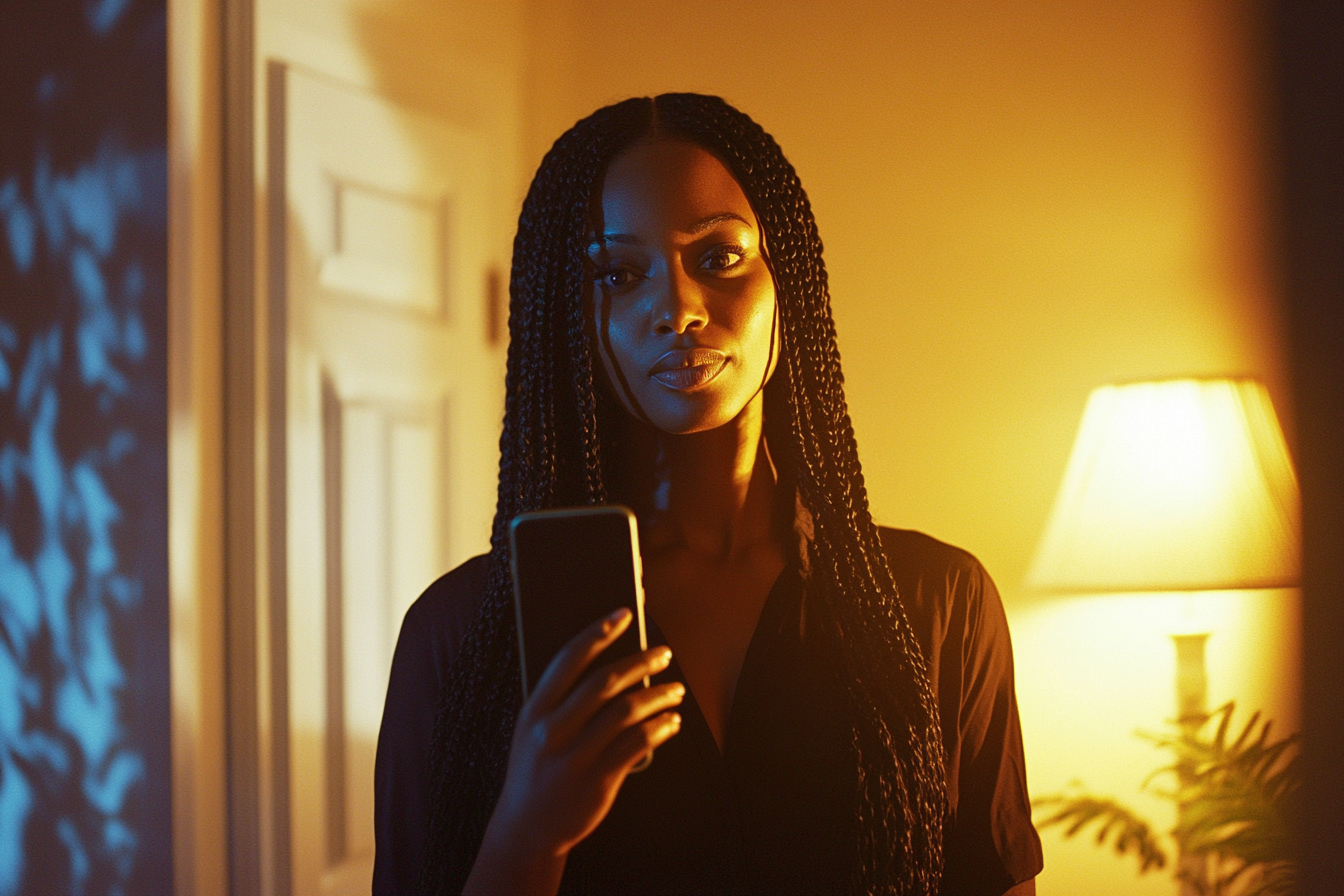 Une femme tenant un téléphone dans un salon la nuit | Source : Midjourney