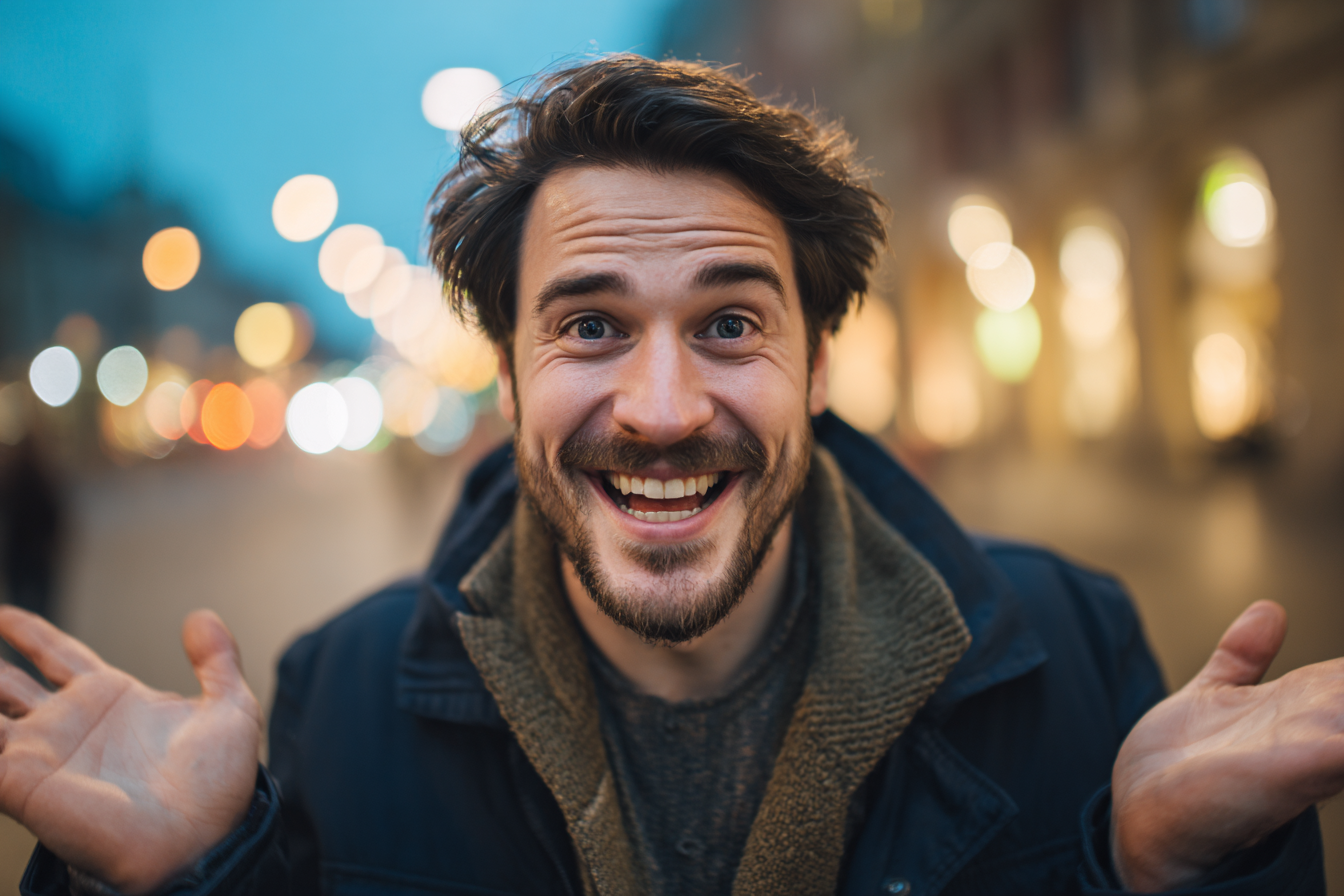 A grinning man gesturing innocently | Source: Midjourney