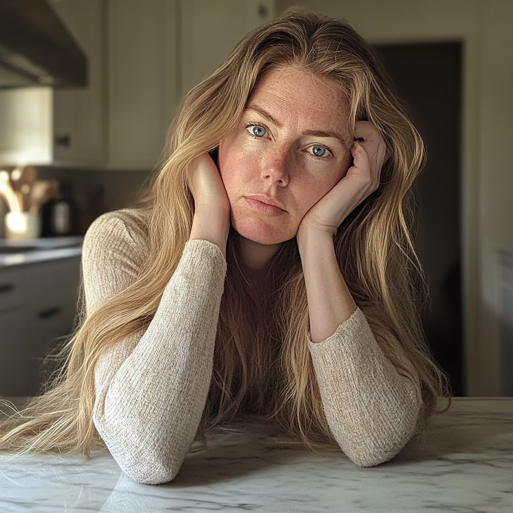 A woman leaning against a kitchen counter | Source: Midjourney