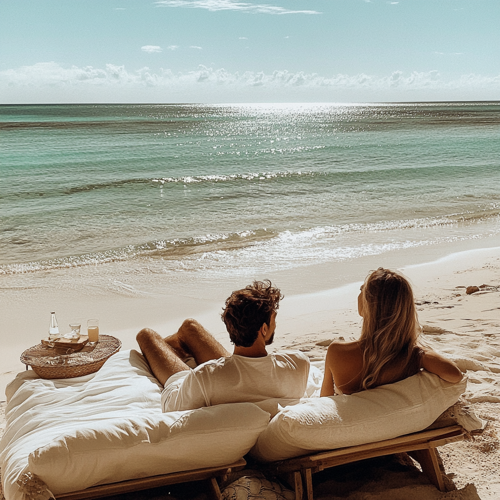 A couple lounging on a beach | Source: Midjourney