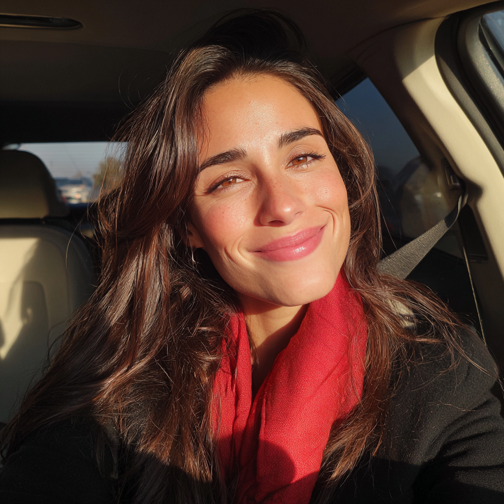 A smiling woman driving a car | Source: Midjourney