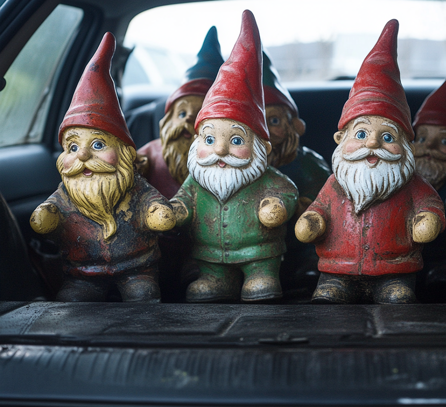 Garden gnomes in a car trunk | Source: Midjourney