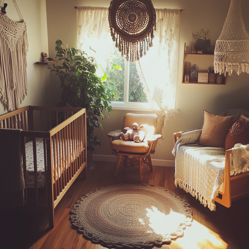 A boho-themed nursery | Source: Midjourney