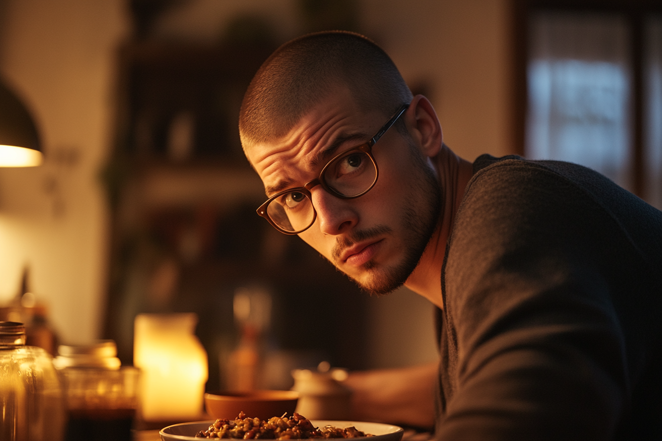 Worried man in his late 20s sitting at a dinner table with uneaten food | Source: Midjourney