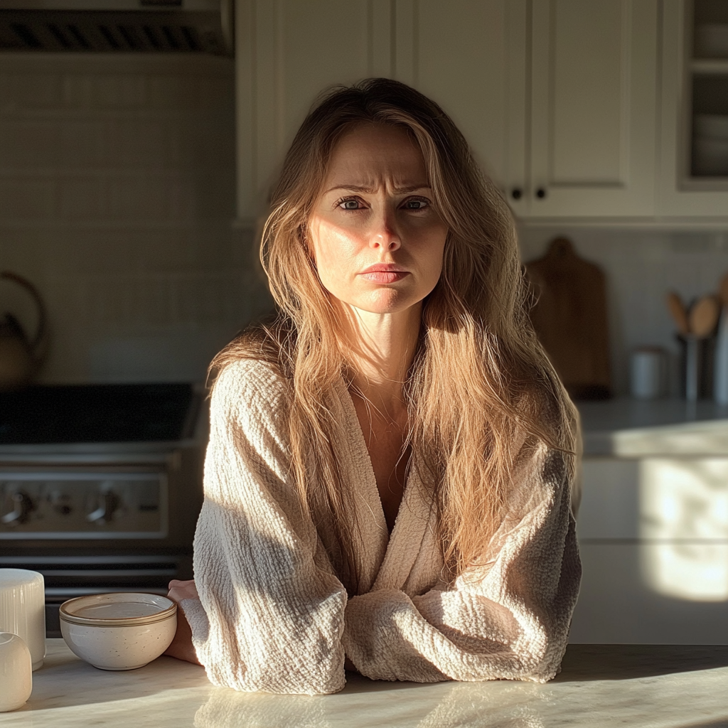 A woman leaning against a counter in a kitchen | Source: Midjourney