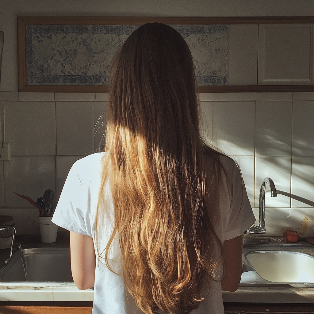 A teenage girl standing at a kitchen sink | Source: Midjourney