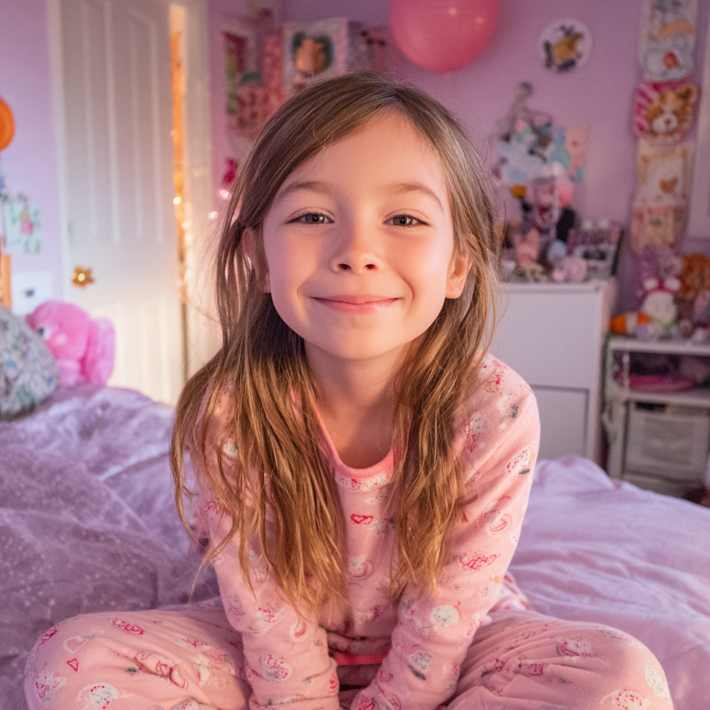 A little girl sitting on her bed | Source: Midjourney