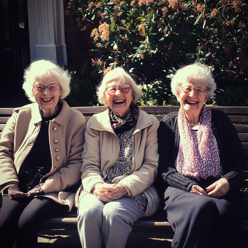 Three smiling old women sitting on a bench | Source: Midjourney