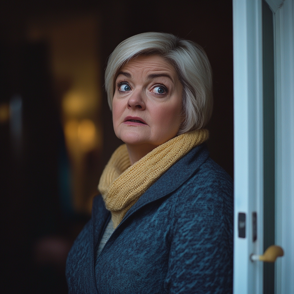 A worried woman looks on through her open front door | Source: Midjourney