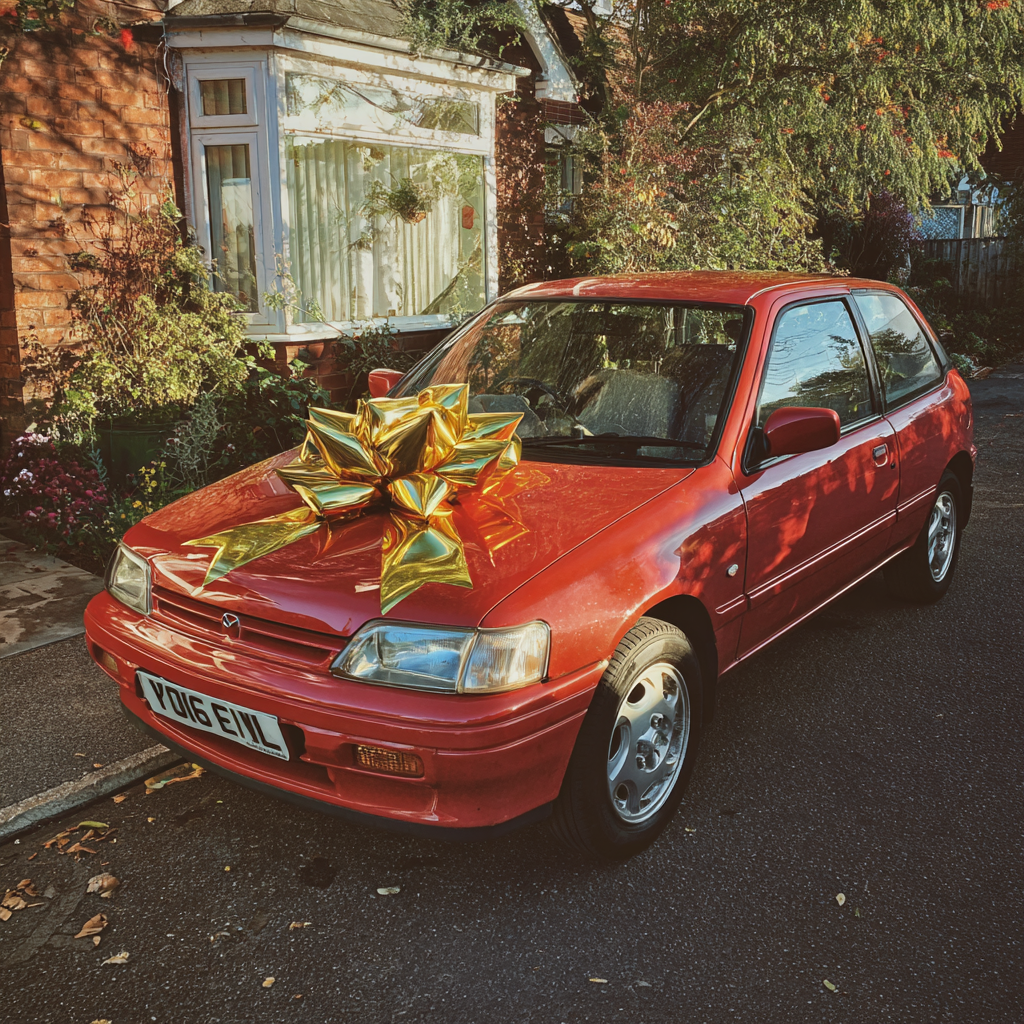 A car with a gold bow on it | Source: Midjourney