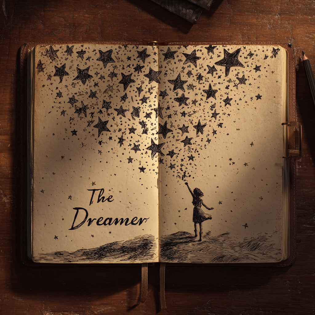 Drawing of a little girl reaching for the stars in a journal | Source: Midjourney