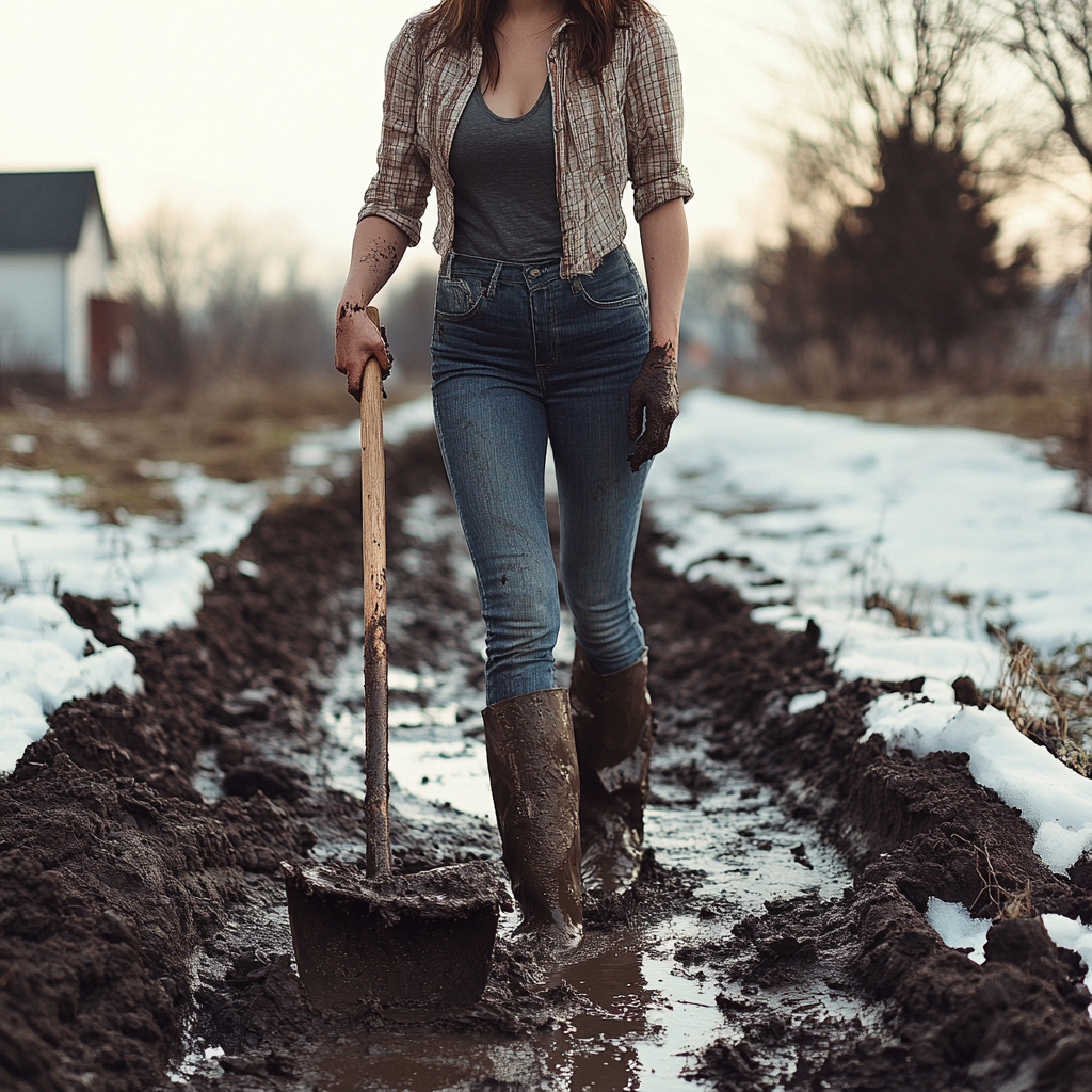 A woman holding a shovel on a muddy track | Source: Midjourney