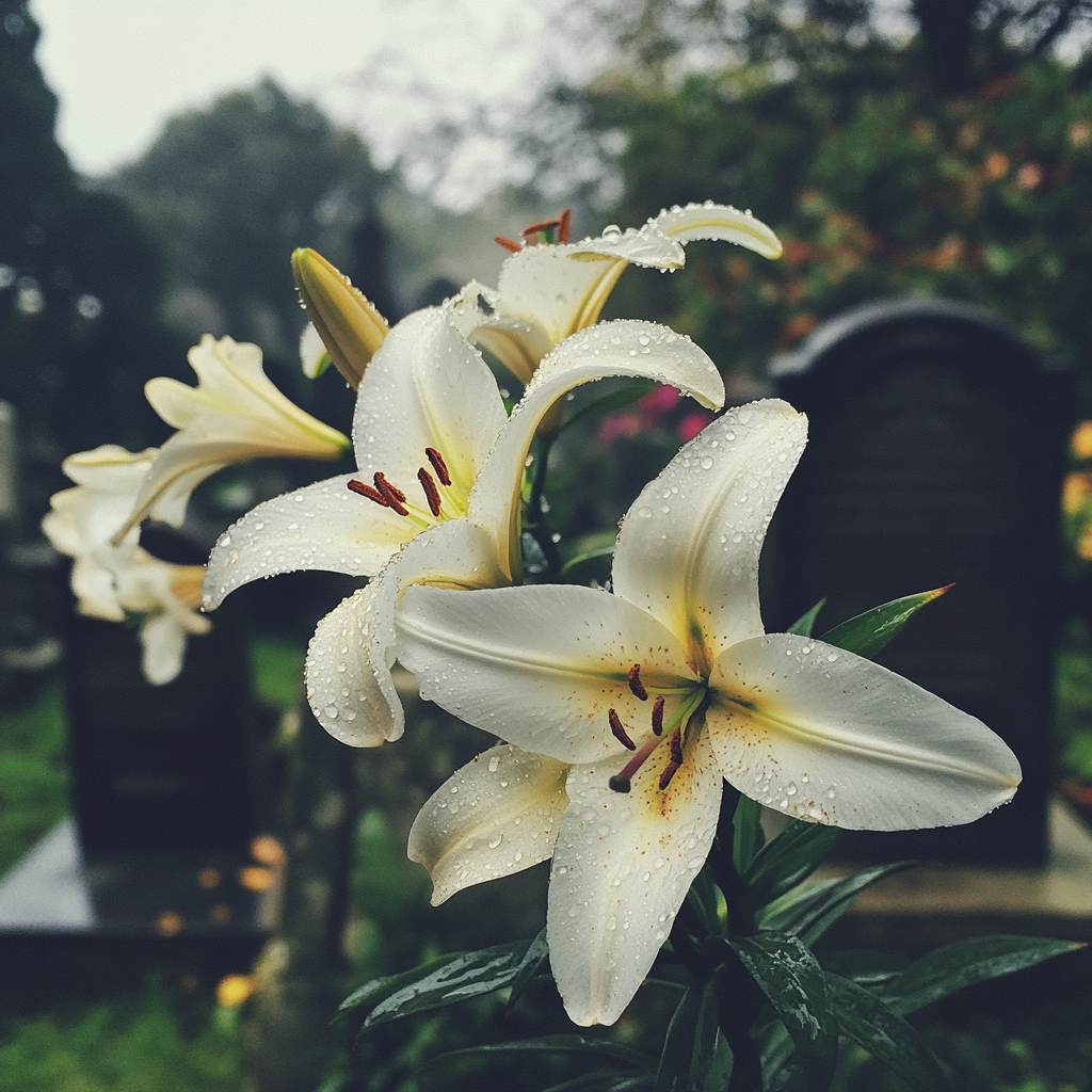 Lilies growing out of a grave at a cemetery | Source: Midjourney