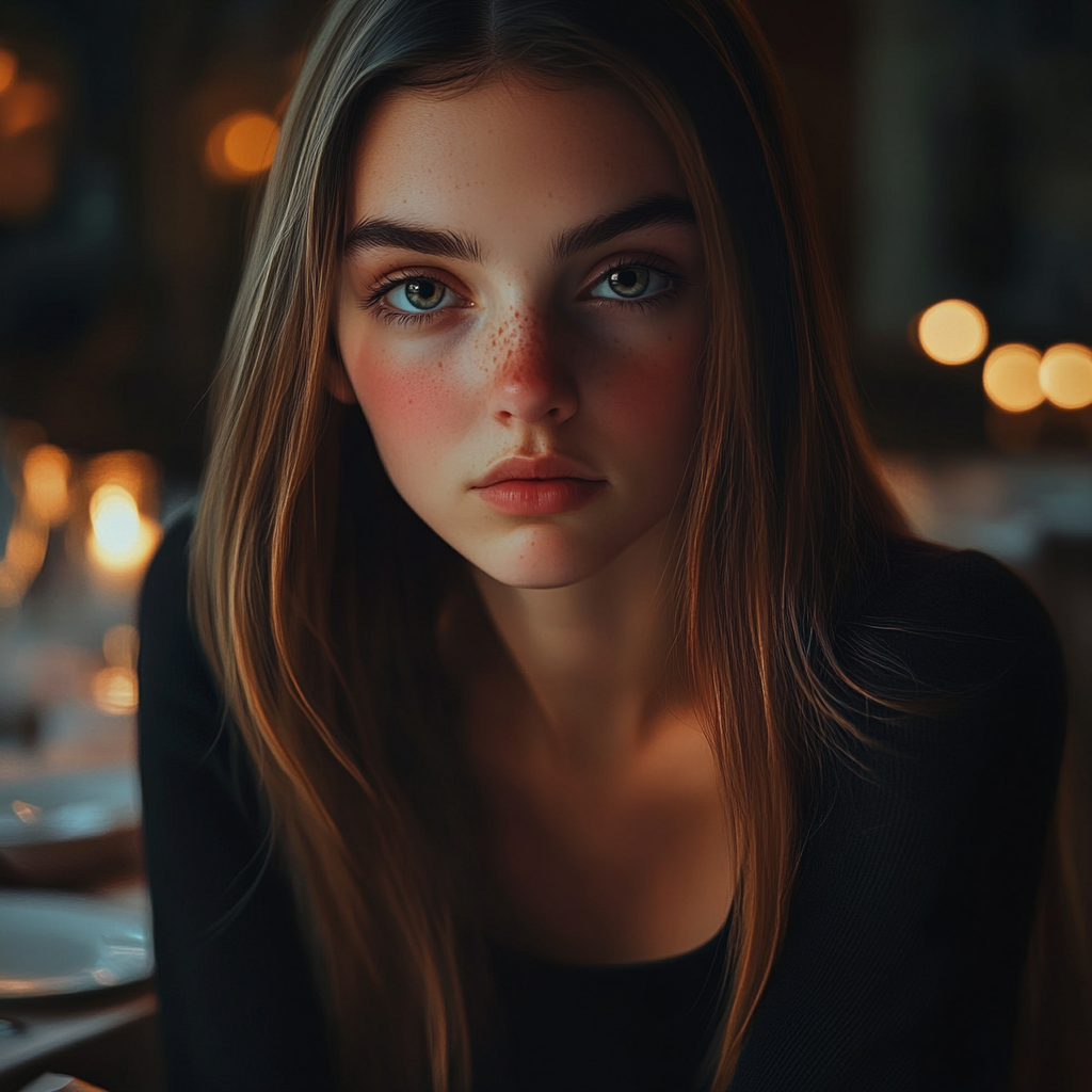 A sad young girl in a restaurant | Source: Midjourney