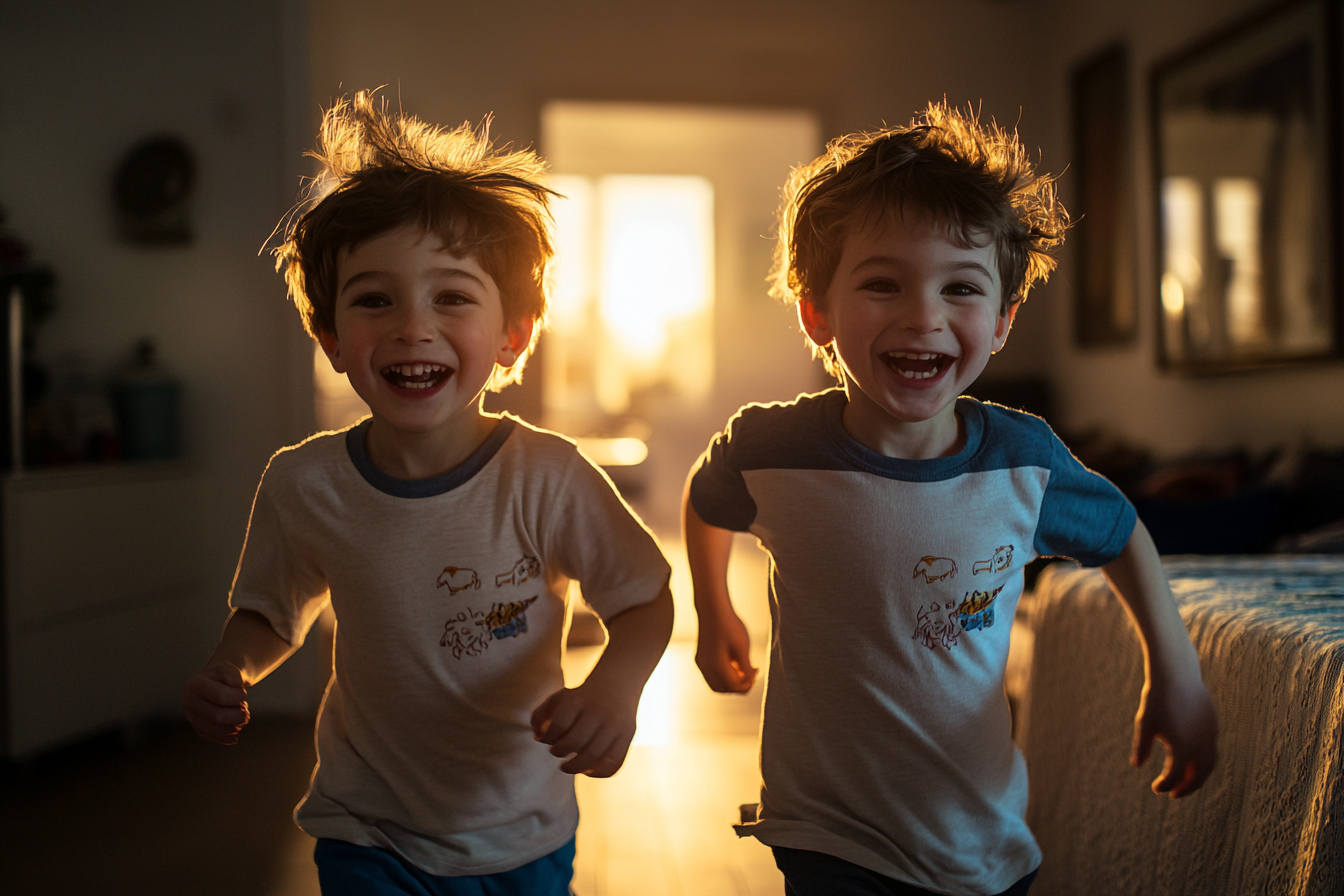 Seven-year-old boys running happily in a living room | Source: Midjourney