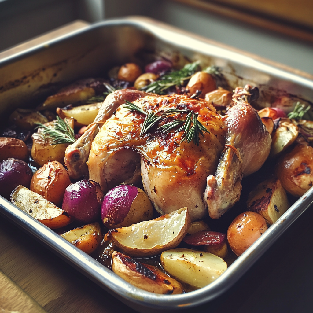 Roast chicken and veggies on a tray | Source: Midjourney