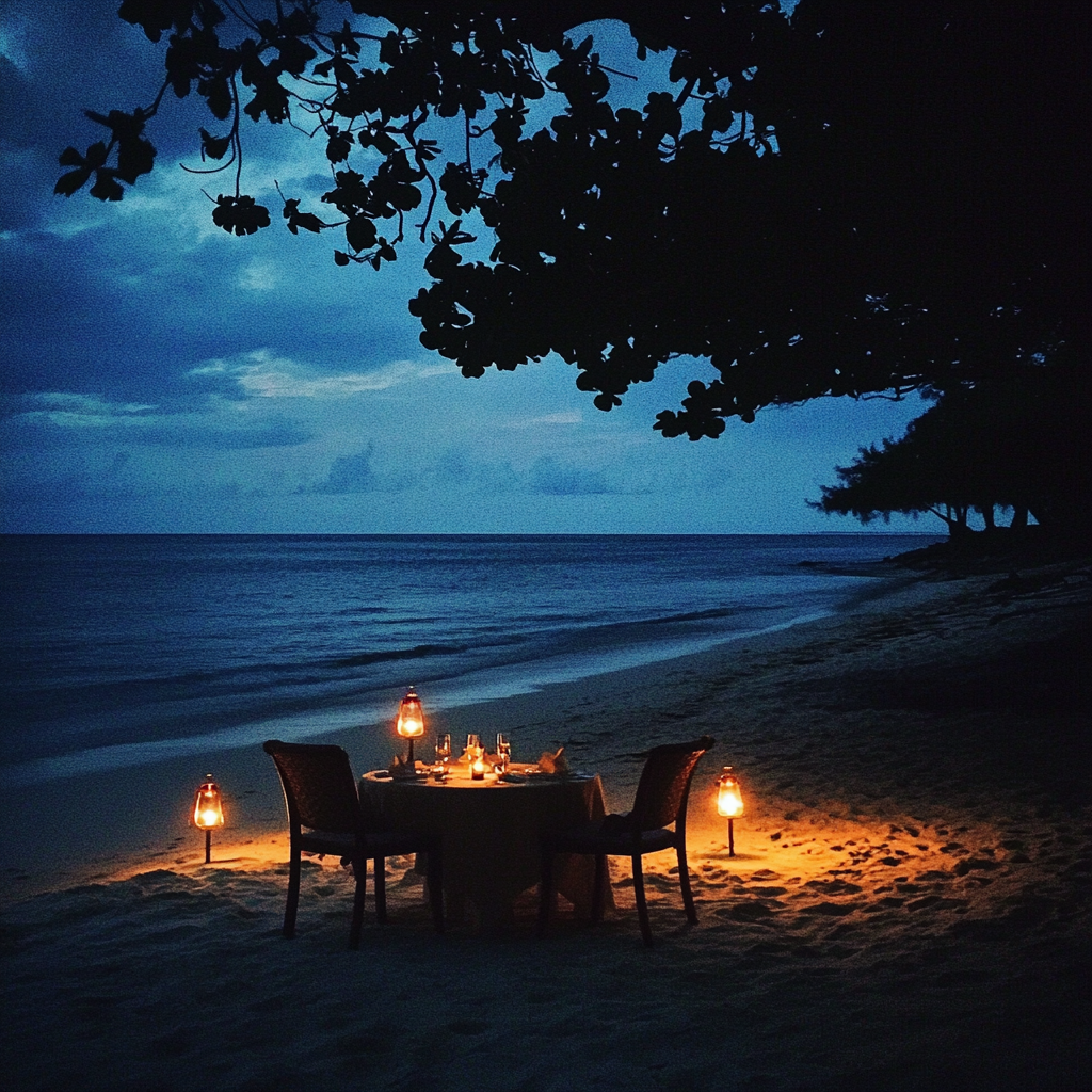 A romantic dinner set up on a beach | Source: Midjourney