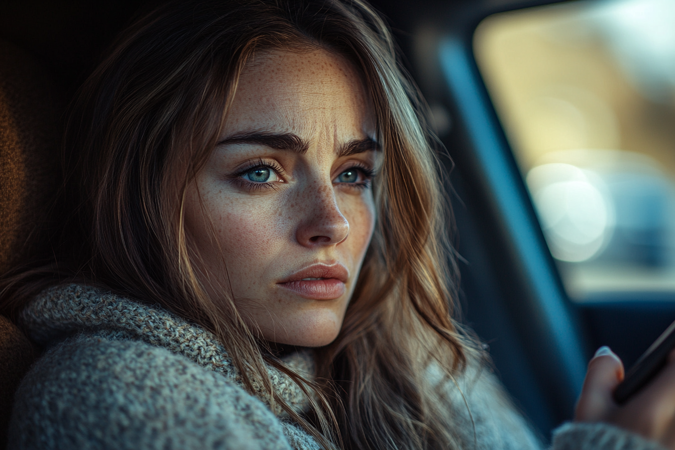 A distressed woman seated in her car, holding her phone | Source: Midjourney