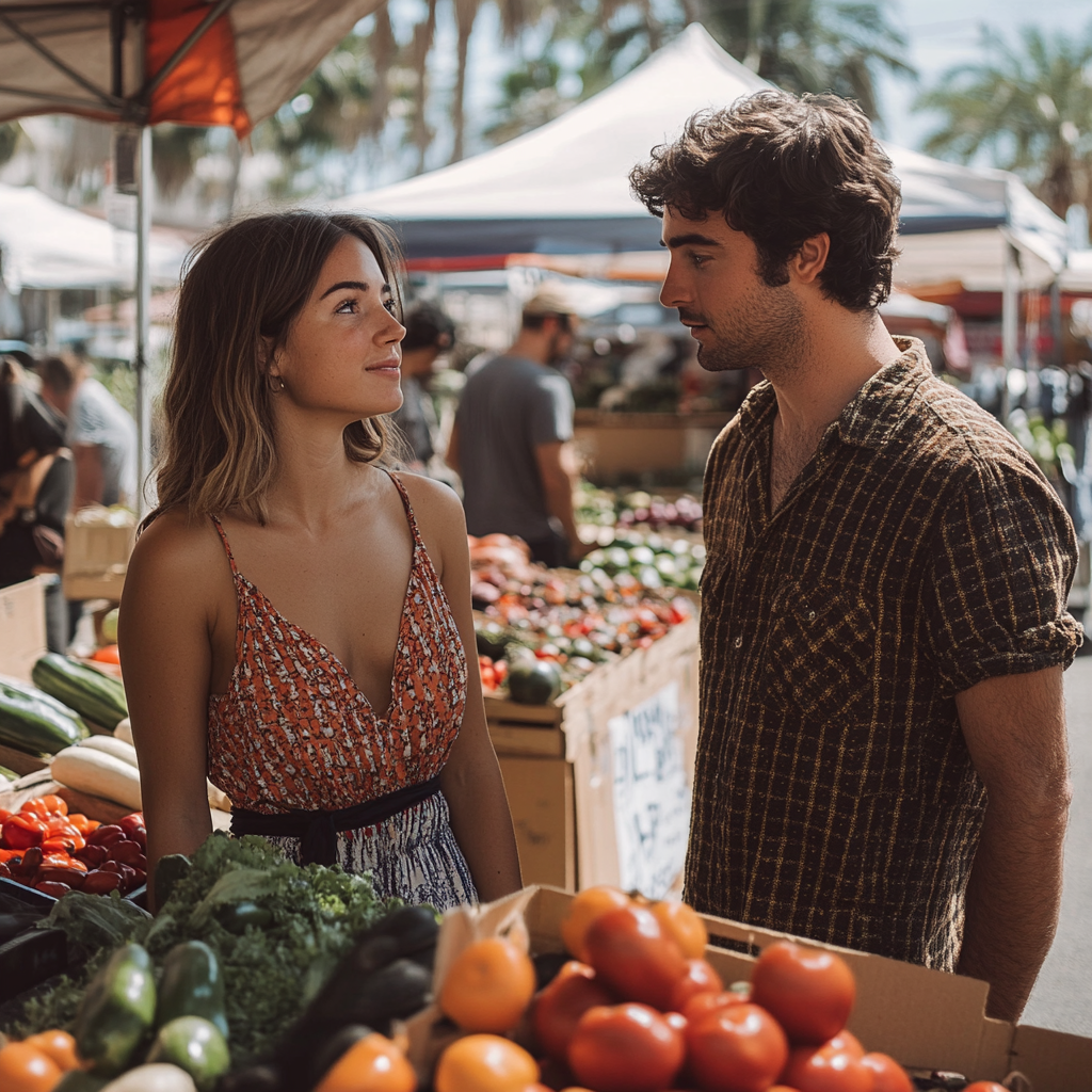 People having a chat at a farmer's market | Source: Midjourney