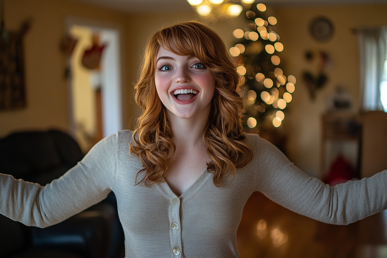 An excited woman in a living room on Christmas | Source: Midjourney