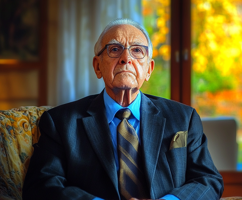 An elderly man with a solemn expression | Source: Midjourney