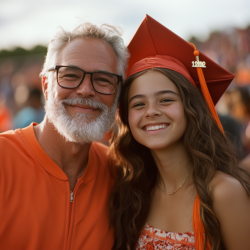 A happy teenage girl with a man at her graduation | Source: Midjourney