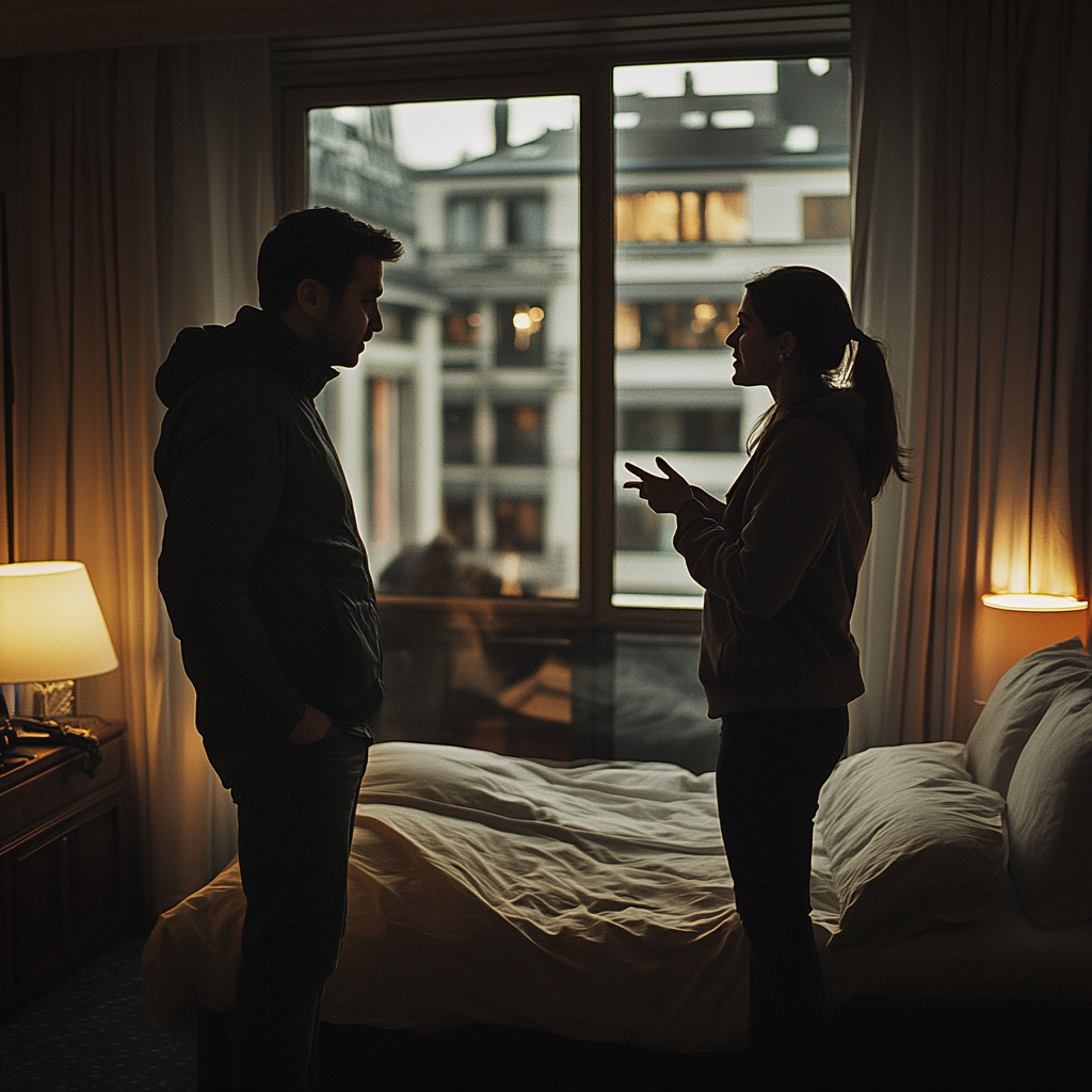 A couple having a serious talk in a hotel room | Source: Midjourney