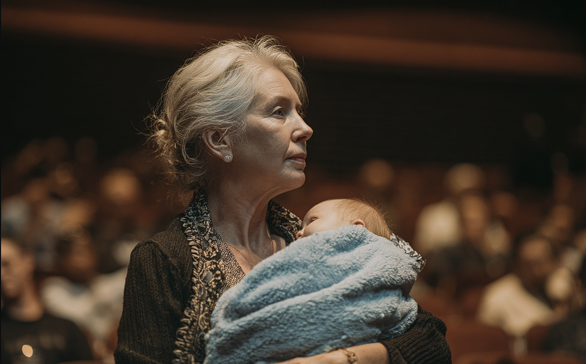 A woman in an auditorium holding a baby | Source: Midjourney
