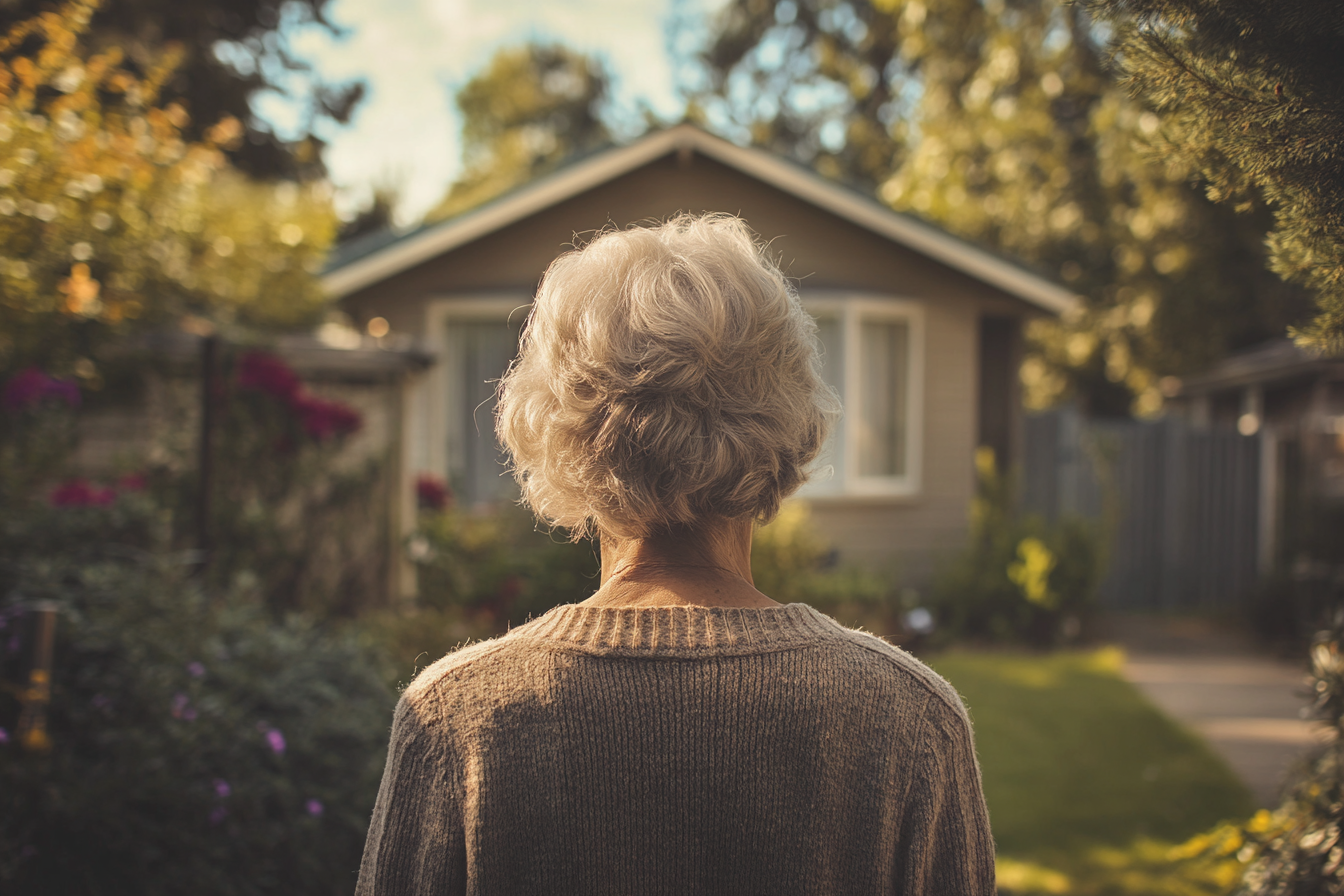 An older woman standing outside a house | Source: Midjourney