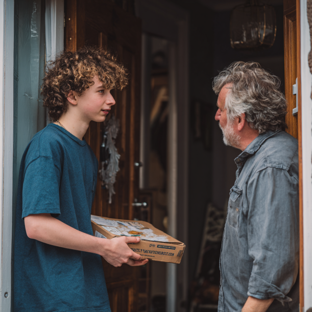 An older man answers the door to talk to a young man | Source: Midjourney