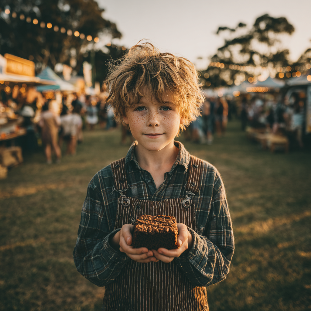 A happy boy holding a brownie | Source: Midjourney