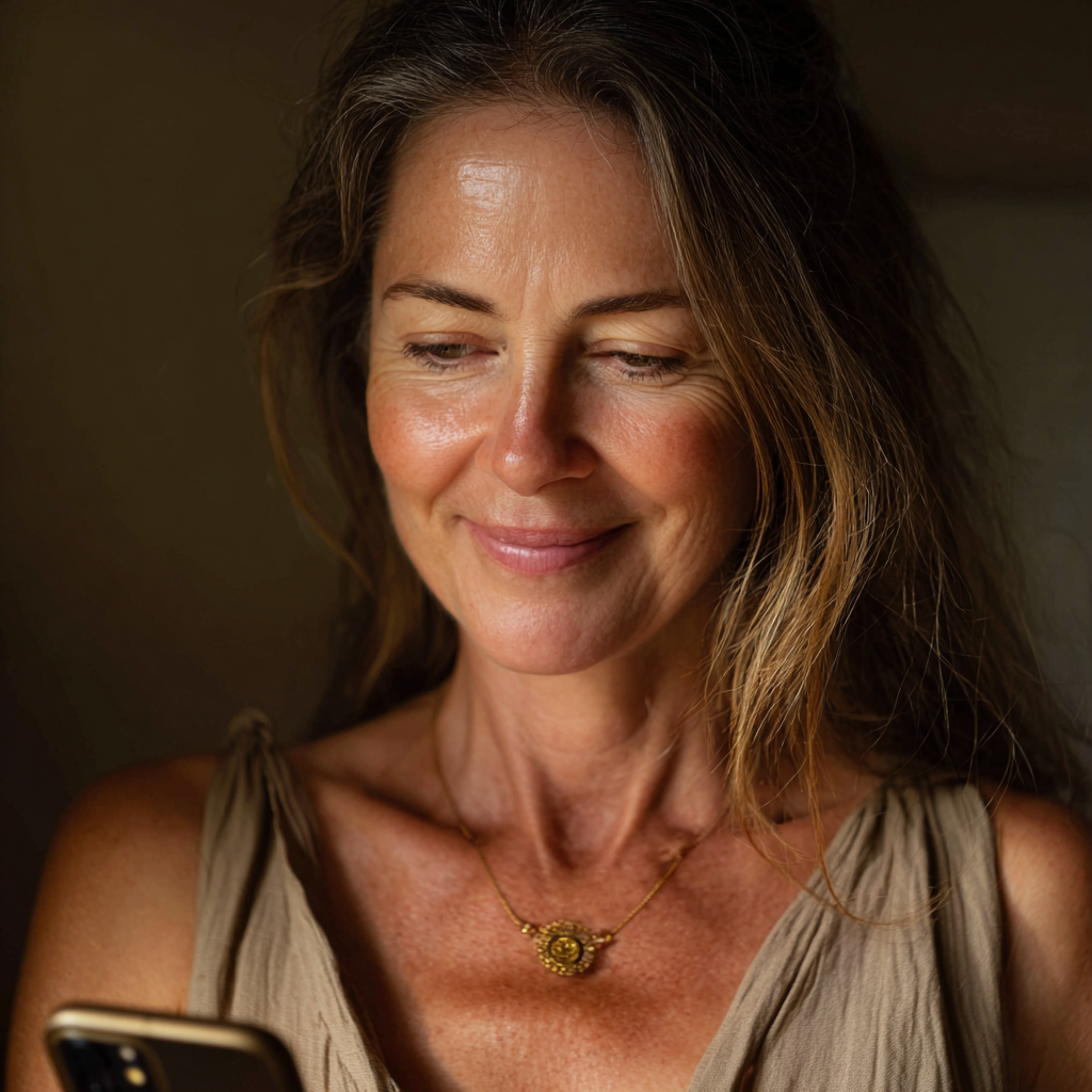 A smiling woman using her cellphone | Source: Midjourney