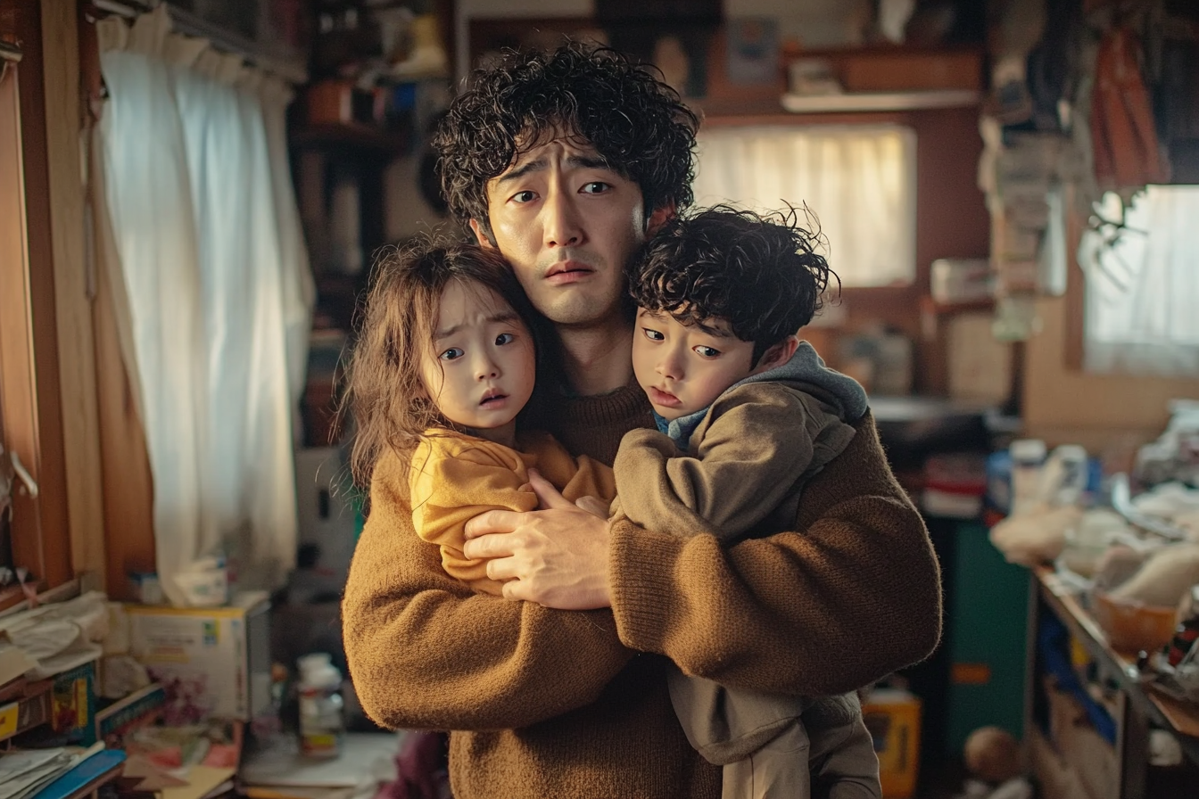 A man looks sad holding his 4-year-old twin in a cluttered apartment | Source: Midjourney