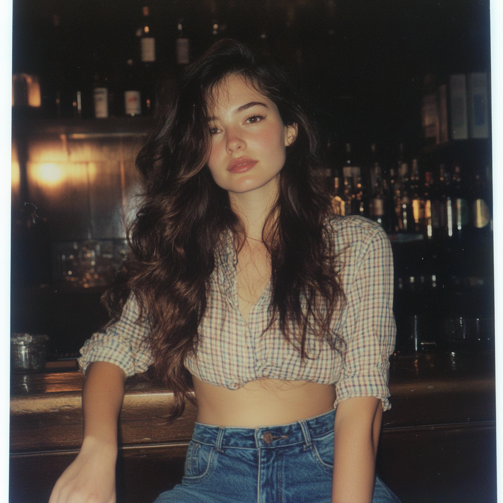 A polaroid of a young woman sitting at a bar | Source: Midjourney