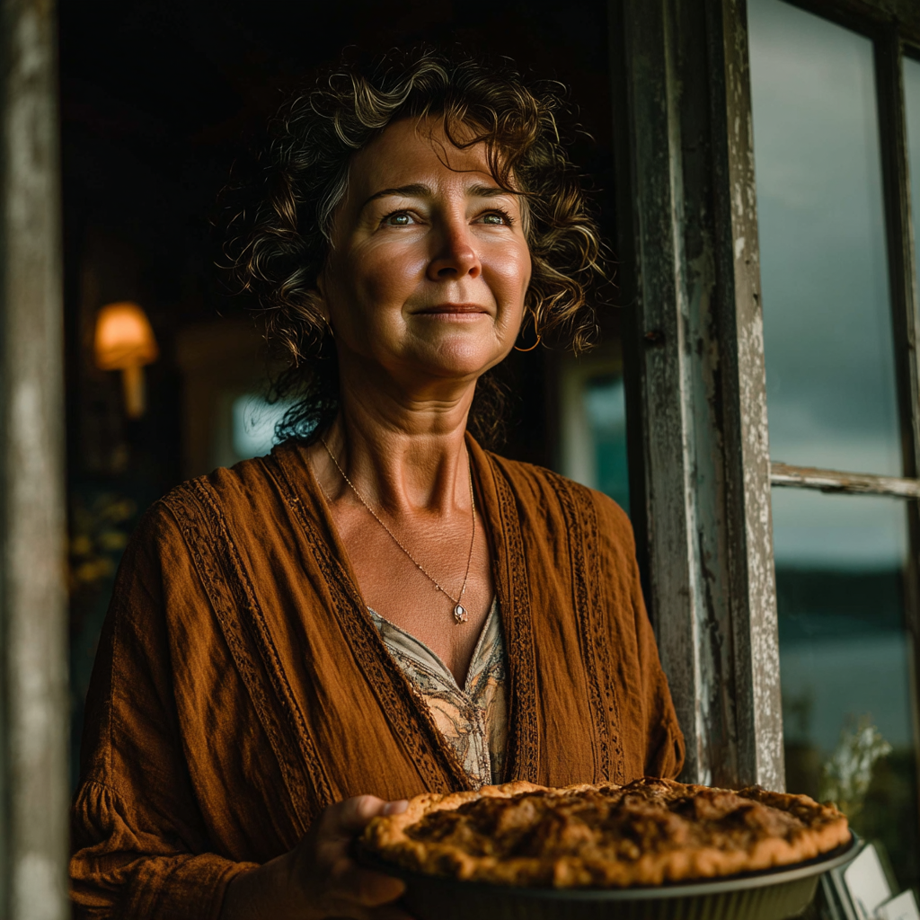 A woman holding a pie while visiting | Source: Midjourney