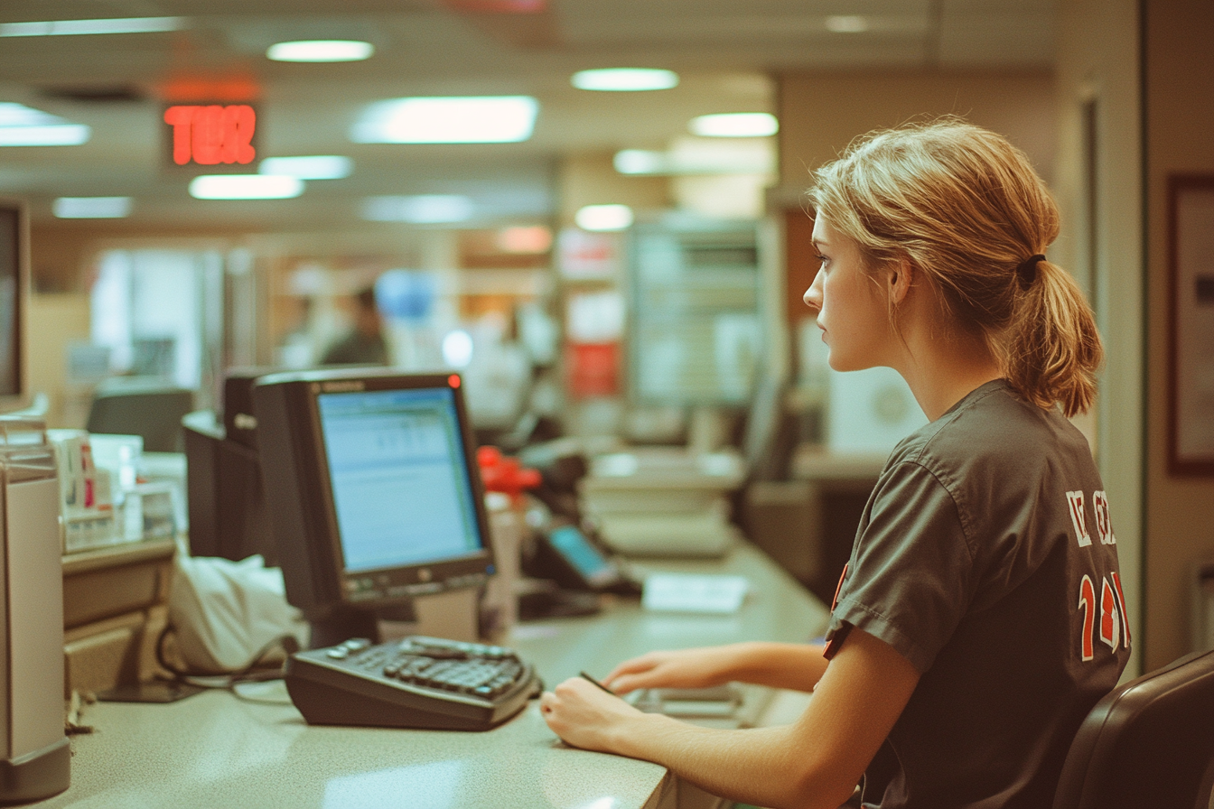 An emergency department worker answering a 911 call | Source: Midjourney