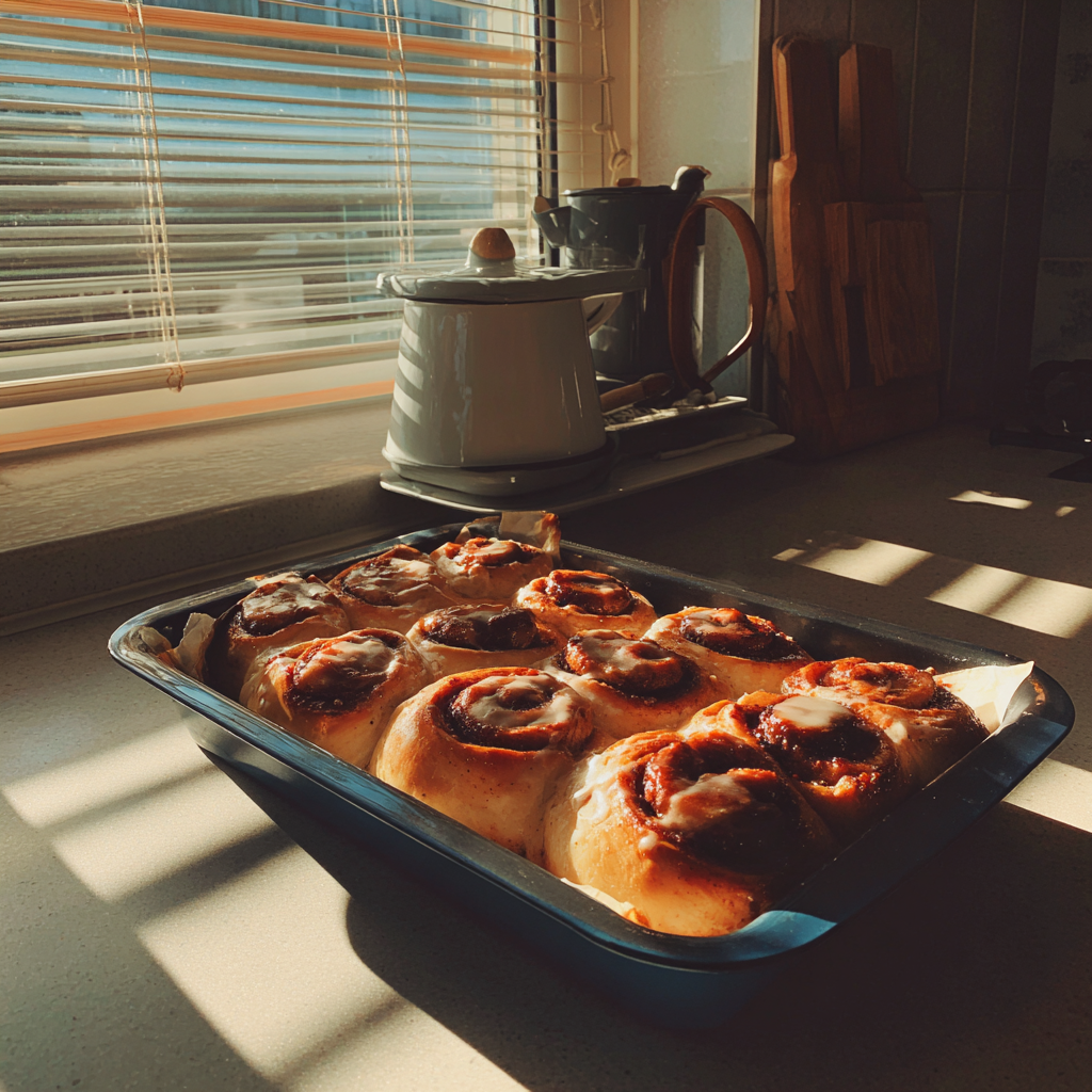 An oven tray of cinnamon rolls | Source: Midjourney