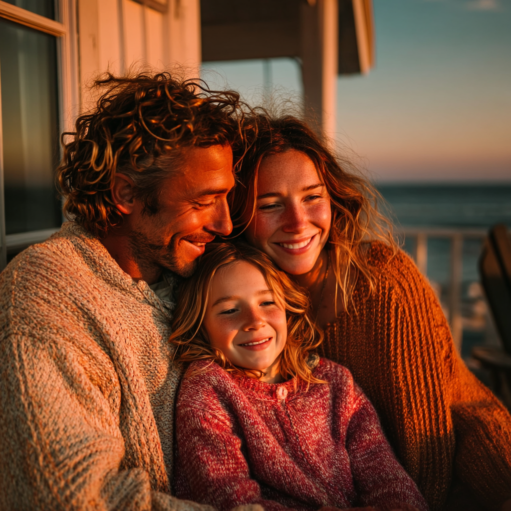 A happy family outside during a sunset | Source: Midjourney