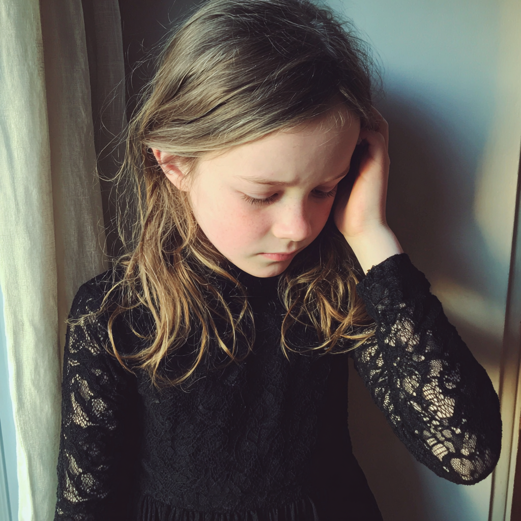 An emotional little girl wearing a black dress | Source: Midjourney