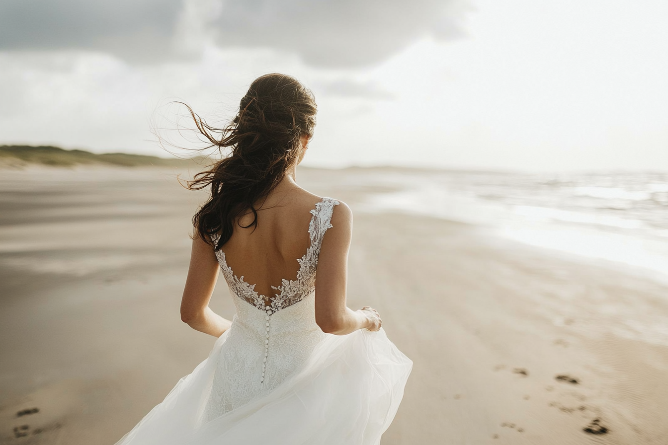 A bride running on a beach | Source: Midjourney