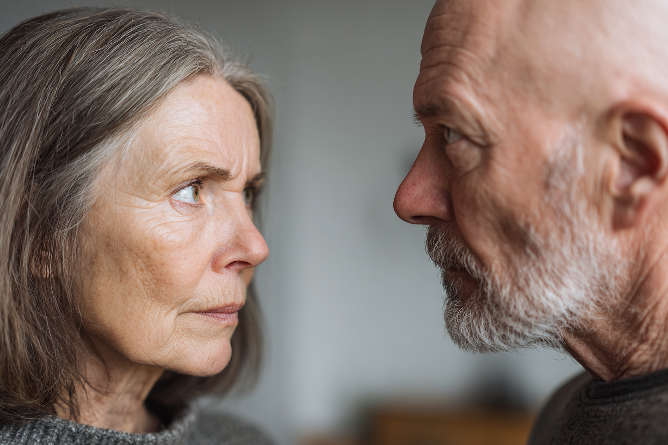 A couple glaring at each other in a living room | Source: Midjourney
