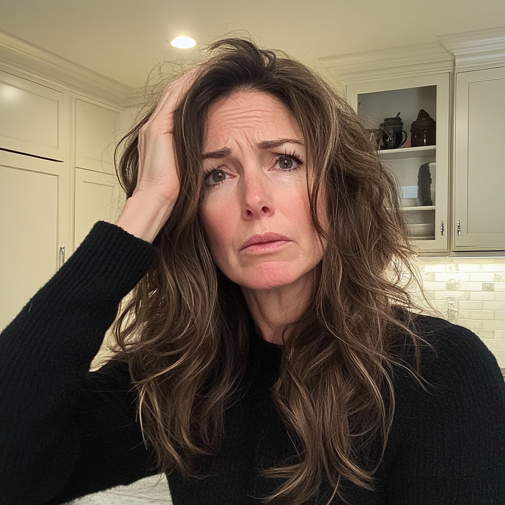 An upset woman with her hand on her head | Source: Midjourney